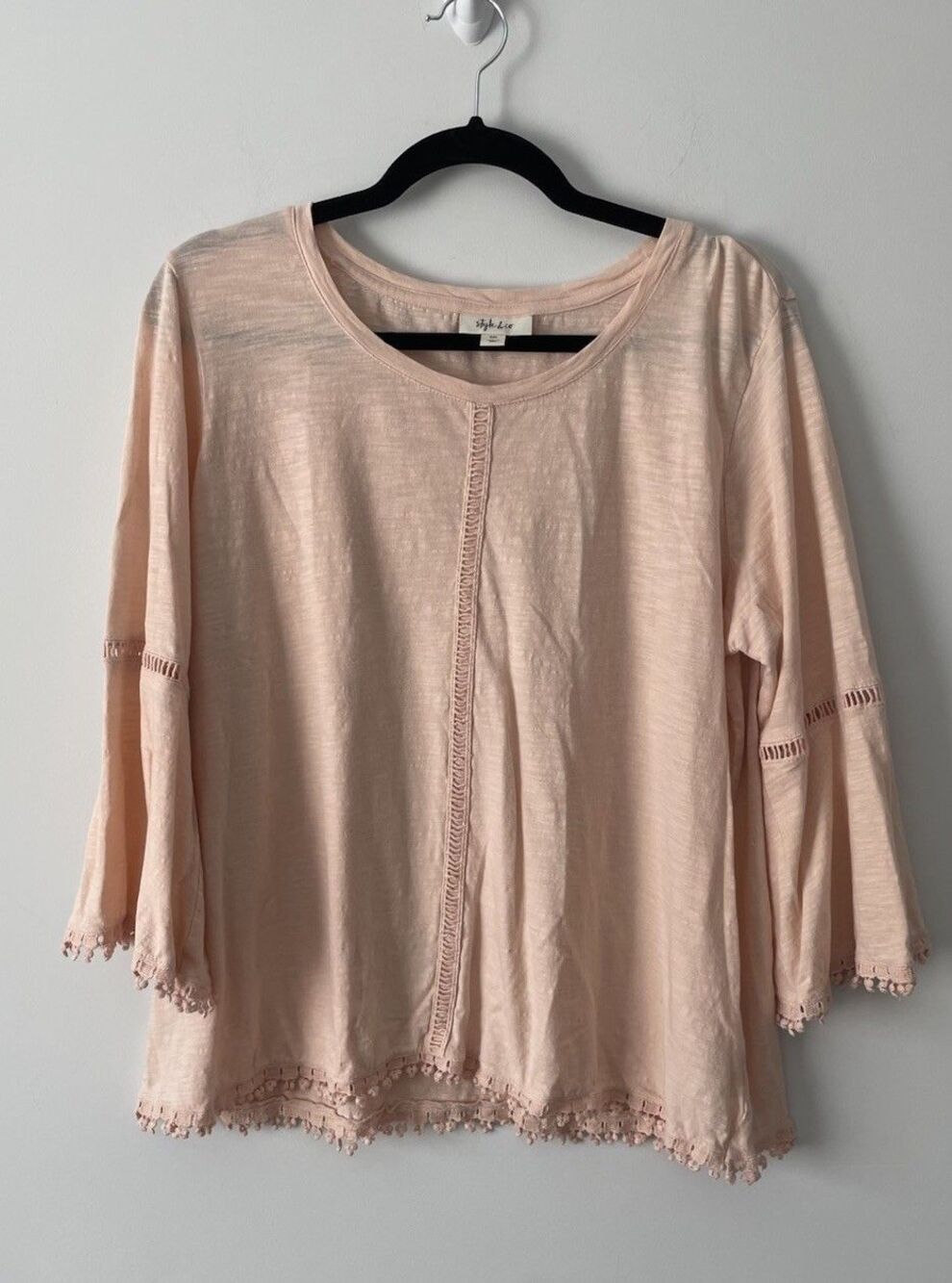 Style & Co Women's Peach Crochet-Trim Bell-Sleeve Top - Size PXL Boho Peasant
